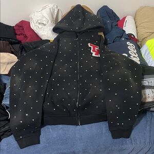 Black Zip-Up Sweater with White Dots